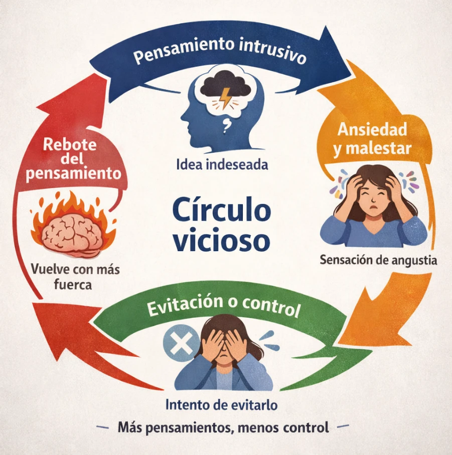 círculo vicioso sobre la ansiedad y el pensamiento intrusivo